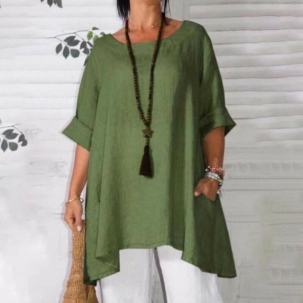 Women Linen Cotton Midi Sleeve Tops